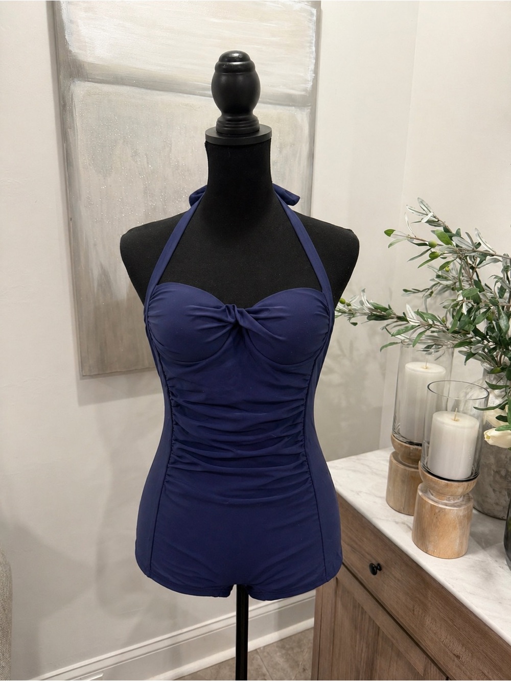 Navy Ruched One-Piece Halter Swimsuit